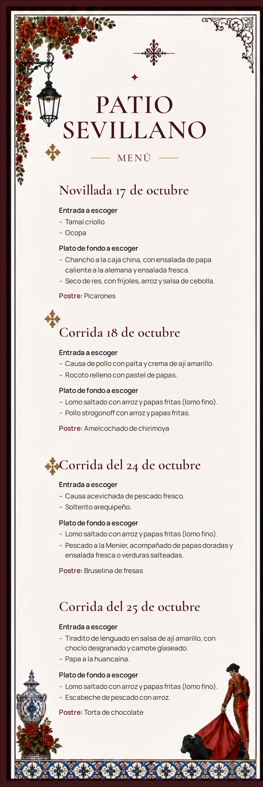 Panel uno del menú: fechas del 17, 18, 24 y 25 de octubre