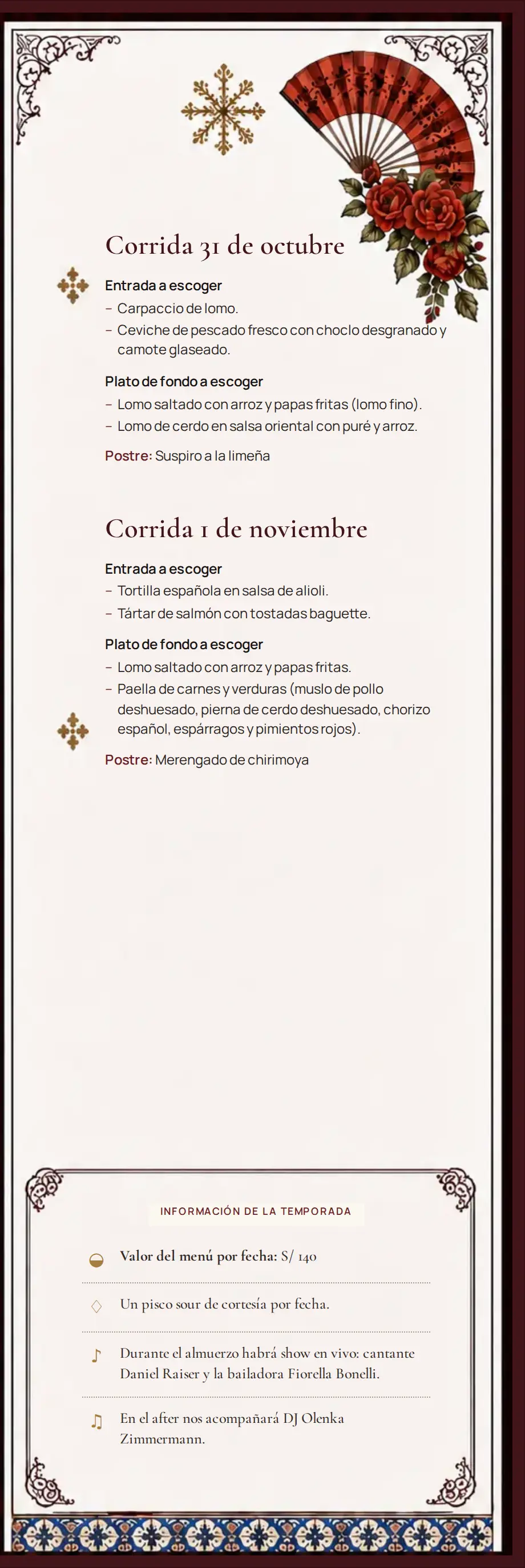 Panel dos del menú: fechas del 31 de octubre y 1 de noviembre, más información de la temporada